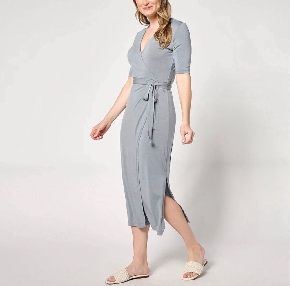 New Barefoot Dreams Luxe Milk Jersey 3/4 Sleeve Wrap Dress Size M